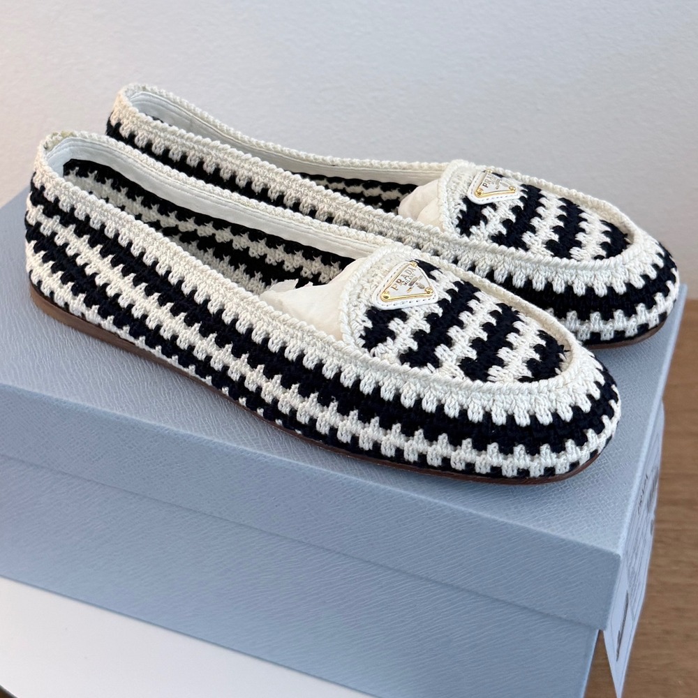 Prada Blue White Crochet Loafers Enameled Triangle Logo Flats 1D496N Womens 38